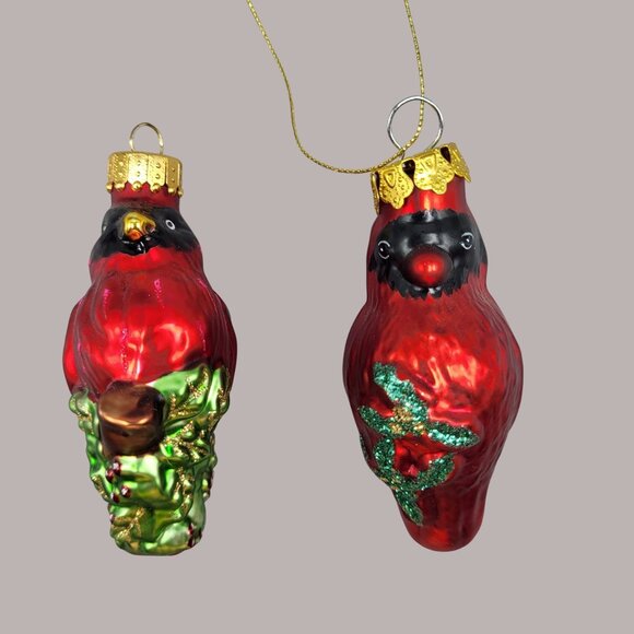 Blown Glass Red Cardinal Bird Christmas Ornaments Set Of 2 Holiday Tree Decor - Picture 2 of 8